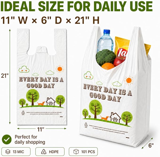 YoYoRain White Thank you T shirt bag, Grocery shopping bag Reusable and Disposable Supermarket Bag 11''x6''x21'' 101PCS