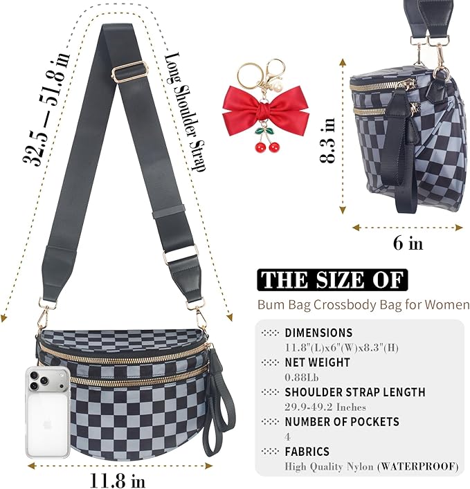 Checkered Crossbody Bag for Women, Spacious Sling & Stylish Bum Bag for Travel, Concerts, Festival, Nylon Fanny Pack Belt Bag (Colour Bum Bag-Black Grey Checkered)