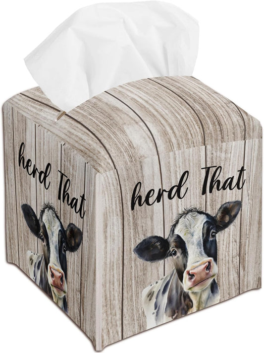 Cow Decorative Tissue Box Cover Square, Wood Pattern Leather Tissue Box Cover Holder, Housewarming Gift Ideas for Family Friends, Home Office Bathroom Car Decor-(5.2 Inches) A25