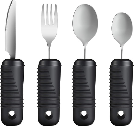 YPCBYNBS Adaptive Utensils,Easy Grip Silverware,Built Up Bendable Fork,Teaspoon,Tablespoon and Knife for Elderly,Hand Tremors,Arthritis and Parkinson's Patients,4 Piece Set