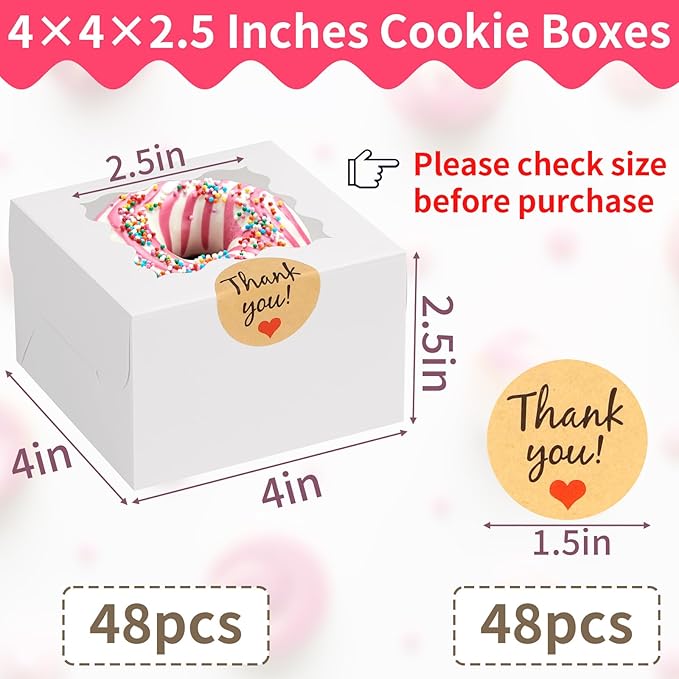 WINKIO 48pcs White Cookie Boxes, 4x4x2.5 Inches Bakery Boxes with Window, for Mini Cake Treat Dessert Pastry Donuts Macaroon Strawberries Chocolate Candy (with Stickers)
