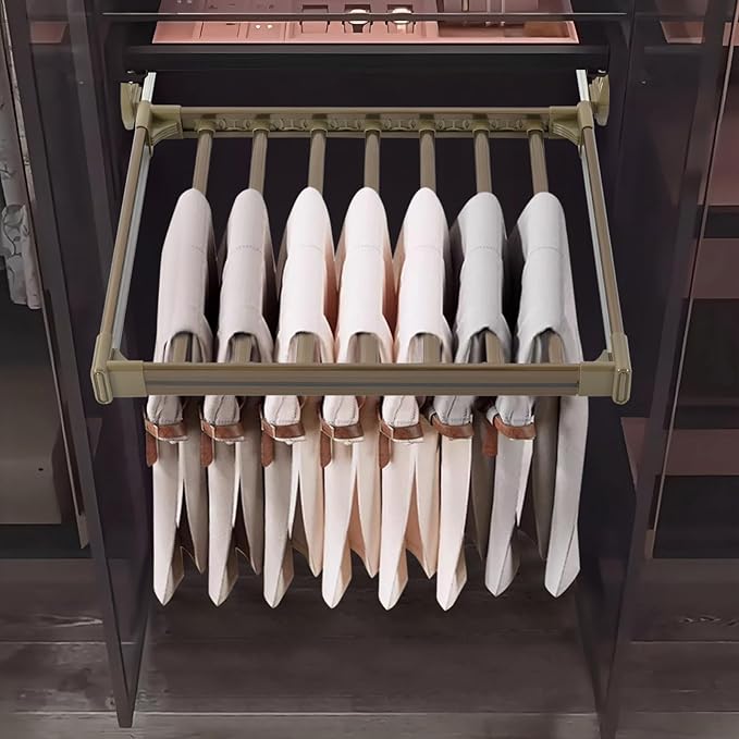 11 Arms Slide Out Pants Rack Closet Pants Hanger Bar Pull Out Trousers Rack Tie Belts Scarf Racks, Top Mounted Wardrobe Clothes Organizers Rail Pull Out Closet Storage Rod-Champagne