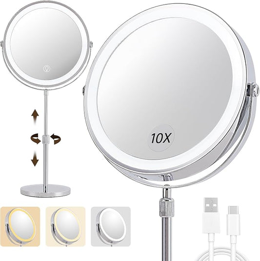 1X/10X Magnifying Makeup Mirror with Lights - 9" Large Dual-Sided Vanity Mirror with 3 Color Lights for Women's Travel Cosmetic Mirror | 3000 mAh-USB Rechargeable | 360Â° Rotation | Adjustable Height