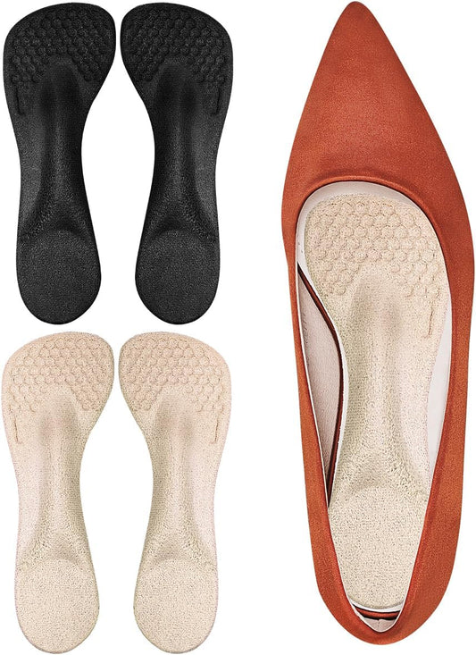 3/4 High Heel Cushion Insoles, Self-Adhesive Arch Support Inserts for Flat Feet and Arch Pain Relief, Gel Shoe Inserts for Sandal, Flats and High Heels (2 Pairs, Beige+Black, Women's 5-8.5)