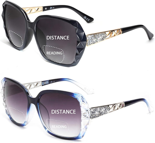 JM 2 Pack Bifocal Reading Sunglasses for Women Fashion Oversized Square Sun Readers Outdoor Reading Glasses UV400 Protection, Black & Clear Blue +1.25