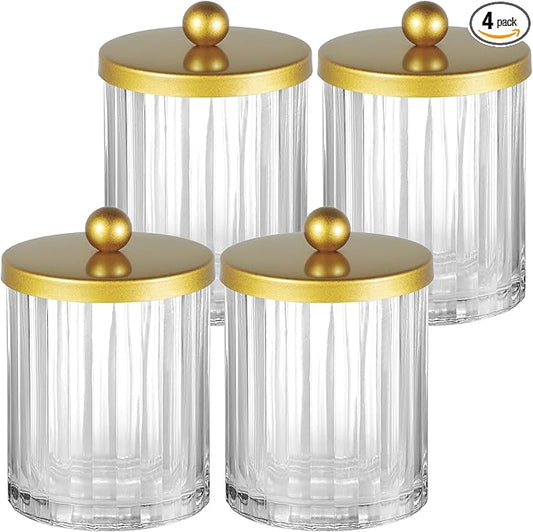 Amolliar Qtip Holder Dispenser for Bathroom, Clear Glass Canister Apothecary Jar for Cotton Swabs, Cotton Balls, Makeup Pads, Floss Picks, Container for Countertop Vanity Storage Organizer,Gold 4 Pack
