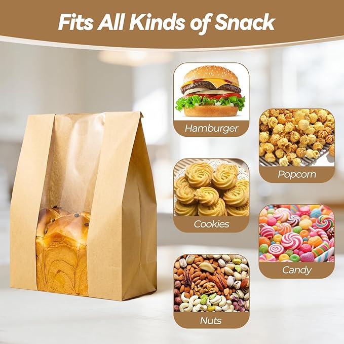 Tripho 100 Pcs Bread Bags for Homemade Bread with Clear Window & 120 Stickers, Sourdough Bread Bags for Storage of Bread,Cookies & Snacks, Large Bakery Paper Bags