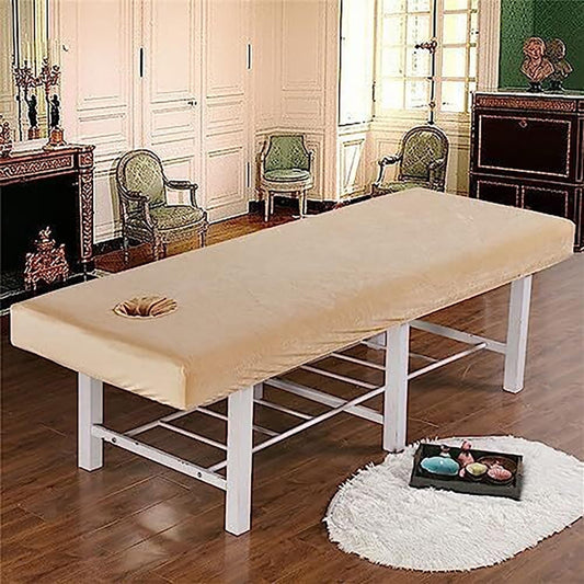 Massage Bed Sheet with Face Hole for Spa Salon, 80×190 cm/31.5×74.8 inch Massage Table Cover Washable Crystal Velvet Fabric, Elastic Cord for Facial Couch and Table(Camel)
