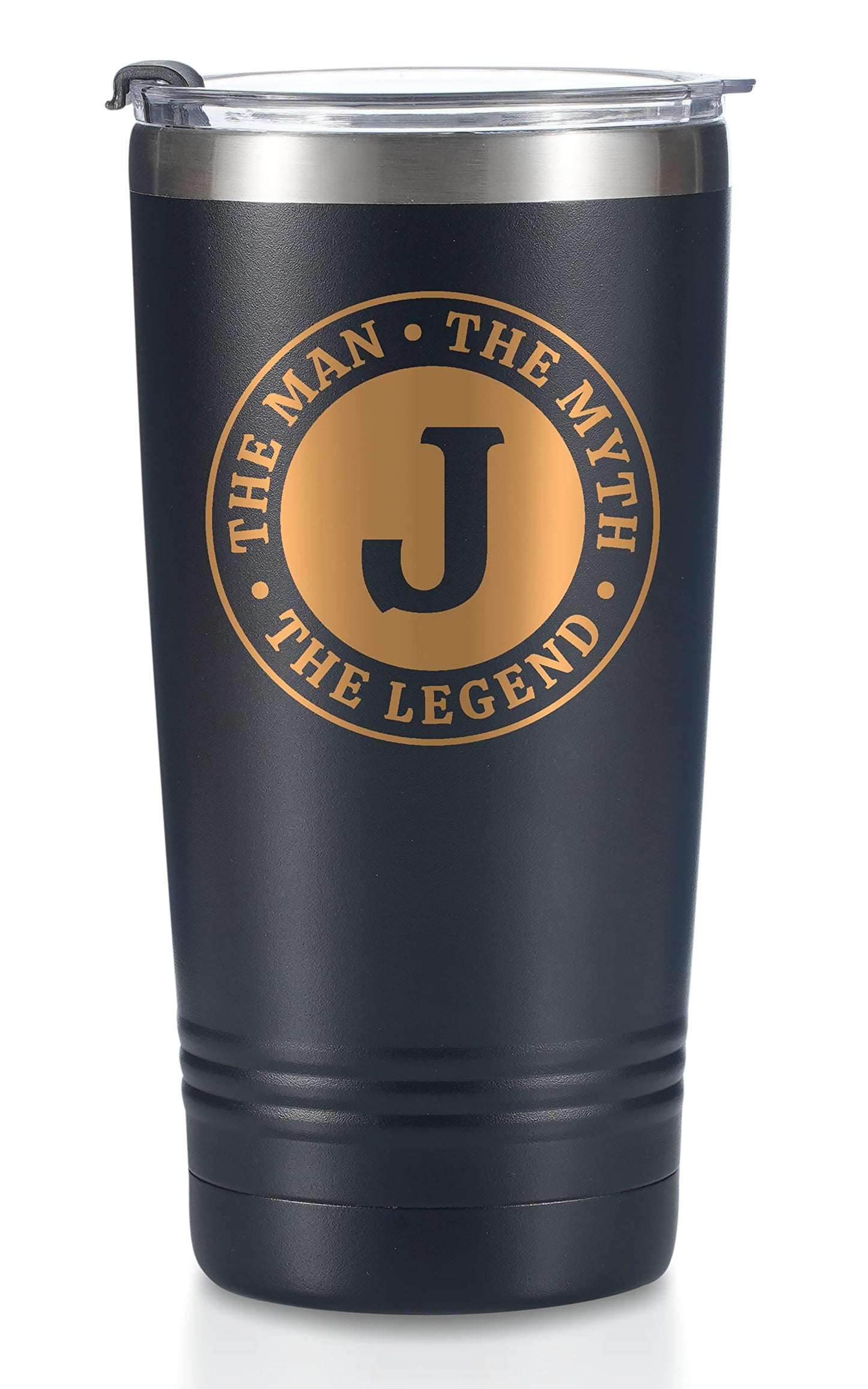 the Man the Myth the Legend Mug with Initials, Monogrammed Stainless Steel Travel Tumbler for Men, Funny Personalized Coffee Cup, Custom Beer Glass, Unique Birthday Christmas Gifts for Him, 20 oz, J