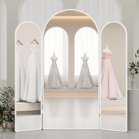 3 Way Arched Full Length Mirror Free Standing, 71"x 67" Large Modern Trifold Mirror, 3-in-1 Detachable Panel Tempered Glass & Metal Frame, for Dressing Room, Bridal Shop, Clothing Store (White)