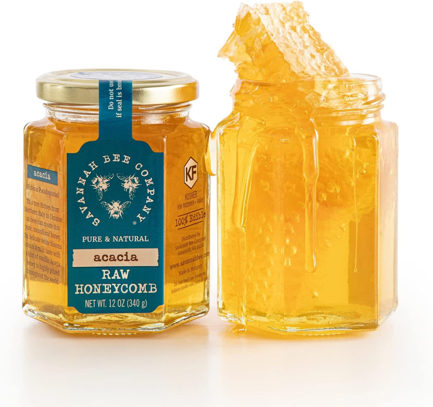 Savannah Bee Company Pure Raw Acacia Honeycomb - All Natural, Unfiltered Honeycomb (12 Ounce Hexjar)