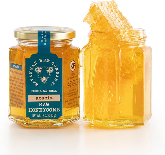 Savannah Bee Company Pure Raw Acacia Honeycomb - All Natural, Unfiltered Honeycomb (12 Ounce Hexjar)