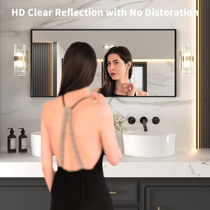 LOAAO 60"X28" Black Rectangle Bathroom Mirror Wall, Matte Black Aluminum Alloy Frame, Tempered Glass, Hangs Vertically or Horizontally, Easy to Install