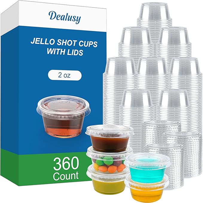Dealusy 360 Set 2 oz Jello Shot Cups with Lids, Sturdy & Food Safe Disposable Plastic Portion Condiment Dipping Sauce Cups, Small Containers for Salad Dressing