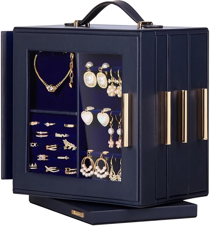 Homde Valentine's Day gifts Jewelry Box 360Â° Rotating, Necklace Earring Organizer with Transparent Window, Mirror, 7 Drawers, Large Ring Display Storage Case for Girls Women (Dark Blue)