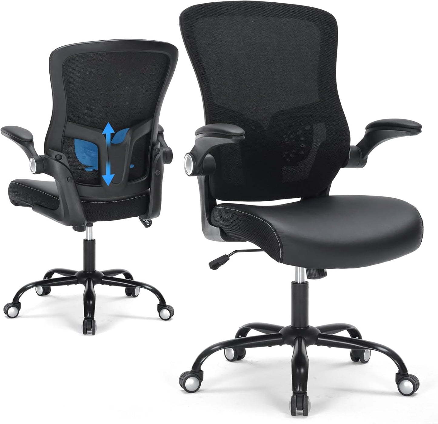 Office Chair, Ergonomic Desk Chair with Adjustable Lumbar Support Breathable Mesh Computer Swivel Chair with Flip up Armrests & PU Leather Cushion, Comfy Task Chair for Home Office, Black
