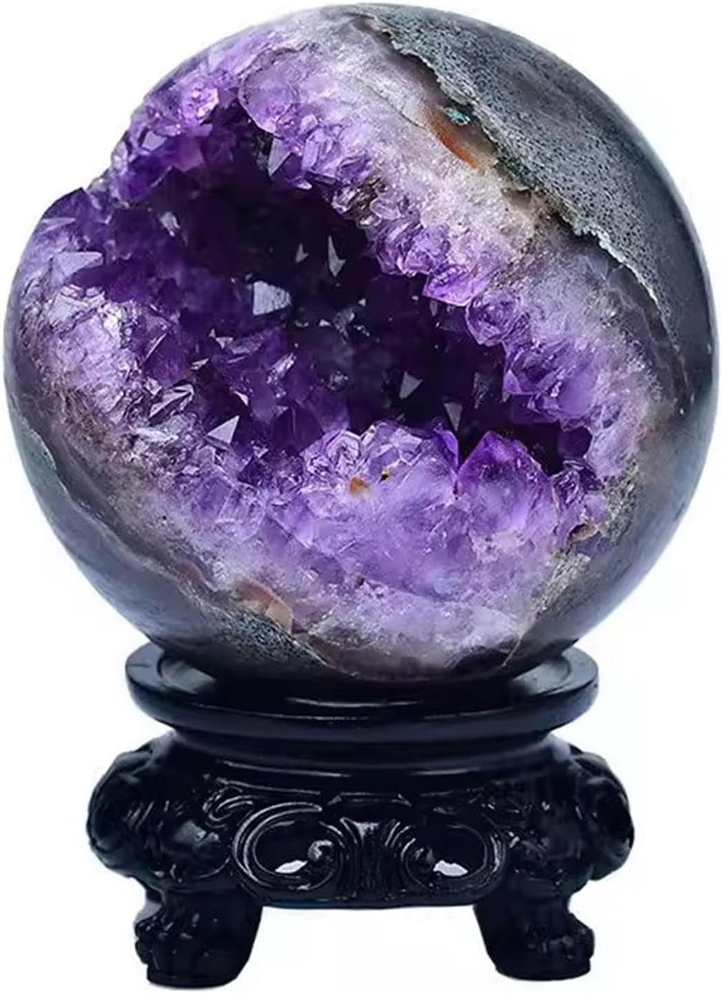 Amethyst Druzy Geode Gemstone Ball with Resin Stand Crystal Sphere Ball for Witchcraft Divination Home Office Decor,55-60mm