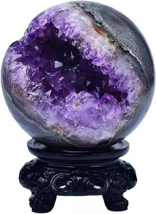 Amethyst Druzy Geode Gemstone Ball with Resin Stand Crystal Sphere Ball for Witchcraft Divination Home Office Decor,55-60mm