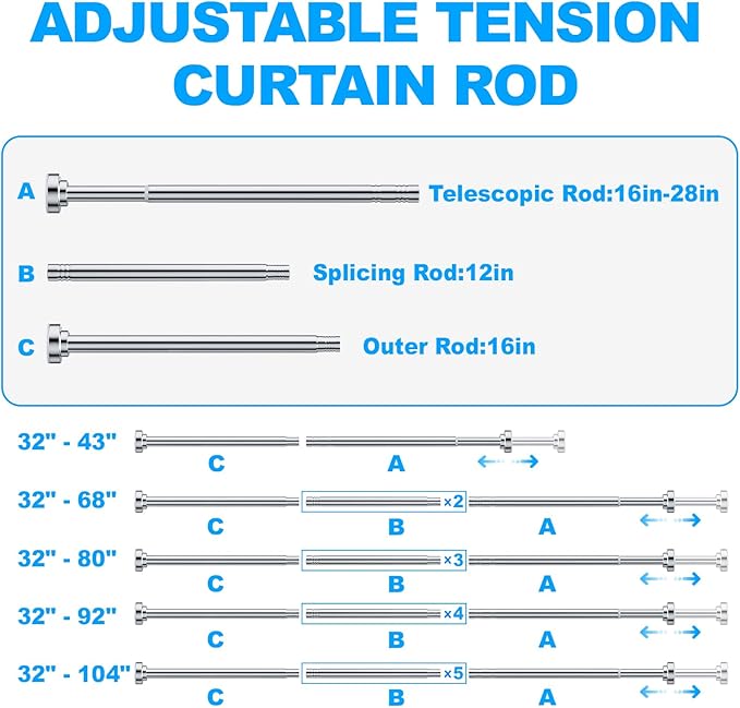 TEECK Shower Curtain Rod, 32-80 inch Adjustable Spring Tension Curtain Rod, Never Rust Anti-Slip Shower Curtain Rod for Bathroom, No Drilling, Never Collapse, Easy to Use, Silver