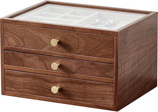 CHOSIN Black Walnut Wooden Jewelry Box for Women, 3-Layer Wood Jewelry Organizer with Glass Lid for Watches, Necklaces, Rings & Earrings Storage Valentine's Day Gifts