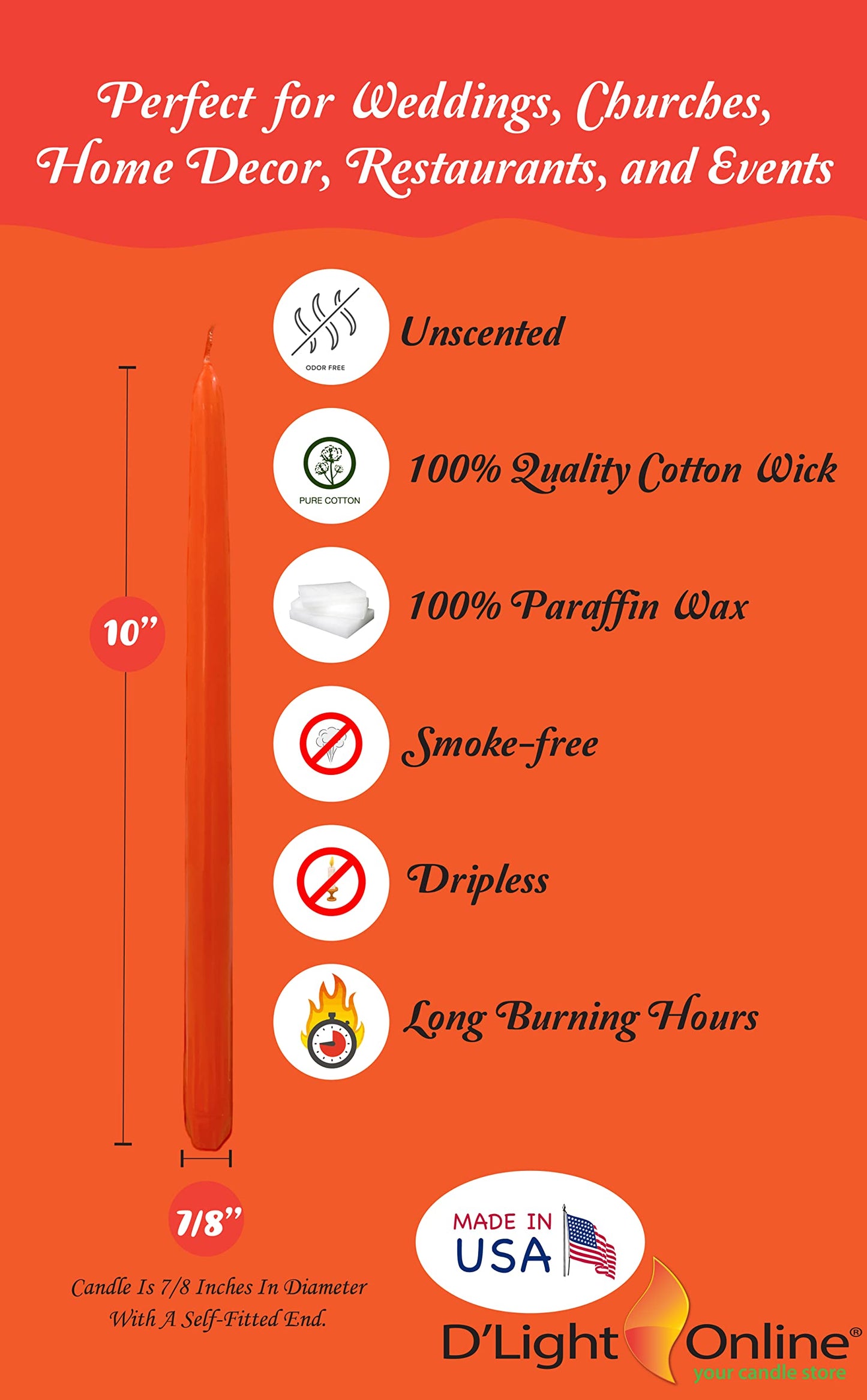 D'light Online Elegant 10" Unscented Orange Taper Candles, Premium Quality Hand-Dipped Tapered Candles, Dripless and Smokeless - Set of 12 Individually Wrapped (10 Inch, Orange)