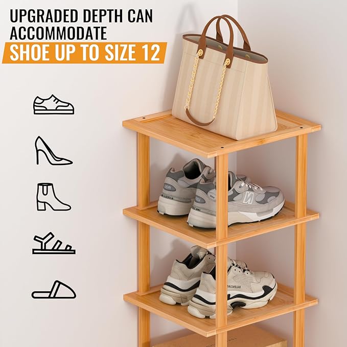 Bamboo Free Standing Shoe Rack Shelf Multi Tier Tall Wooden Stackable Shoes Rack Organizer for Closet Front Door Entrance Narrow Vertical Shoe Storage (Nature, 7 Tiers)