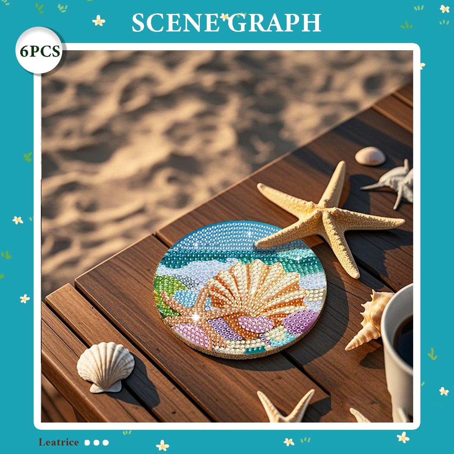Leatrice Ocean Diamond Art Coasters Set of 6, Small Diamond Painting Kits for Adults Beginners Women, Gem Art Coasters with Holder, Funny Arts Supplies for Kitchen Decor