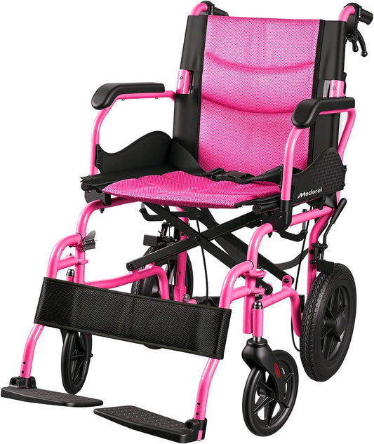 Lightweight Wheelchair for Adults, Transport Wheelchair Foldable Chair, Portable Ultra Light for Seniors, Elderly and Disabled (Magenta)