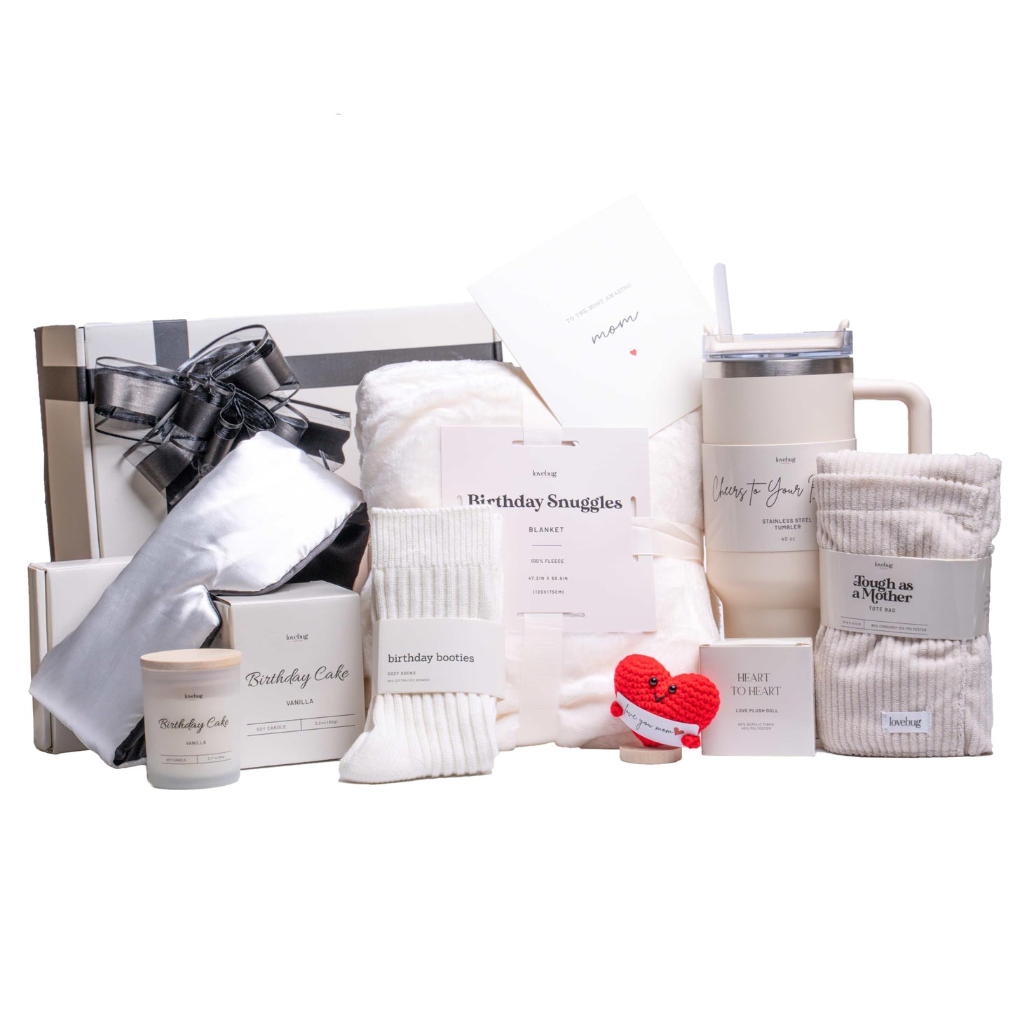 lovebug Mom Birthday Gifts - Thoughtful Gift Box for Mom with Blanket, Candle, Tumbler, Socks, Self Care Items - Get Well Soon Care Package Set - Birthday Gift Basket for Women