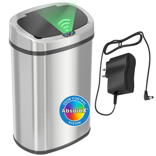 SensorCan 13 Gallon Oval Sensor Trash Can with AC Adapter and Odor Filter, Automatic Motion Sensor Kitchen Bin, Soft-Close Stainless Steel, Slim Curved Wastebasket for Narrow Walkways, Matte Silver