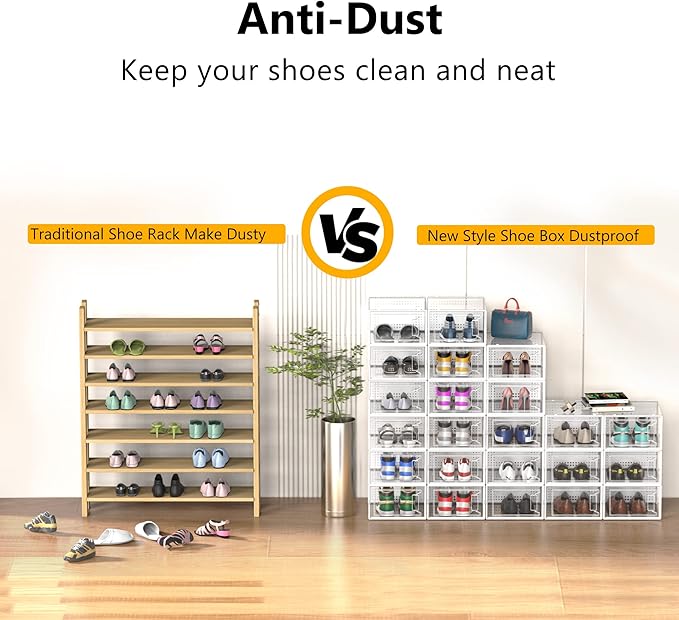 Secret Space 12 Pack Large Shoe Organizer Storage Boxes for Closet, Modular Space Saving Shoe Boxes Clear Plastic Stackable Sneaker Containers Display Case with Lids, White
