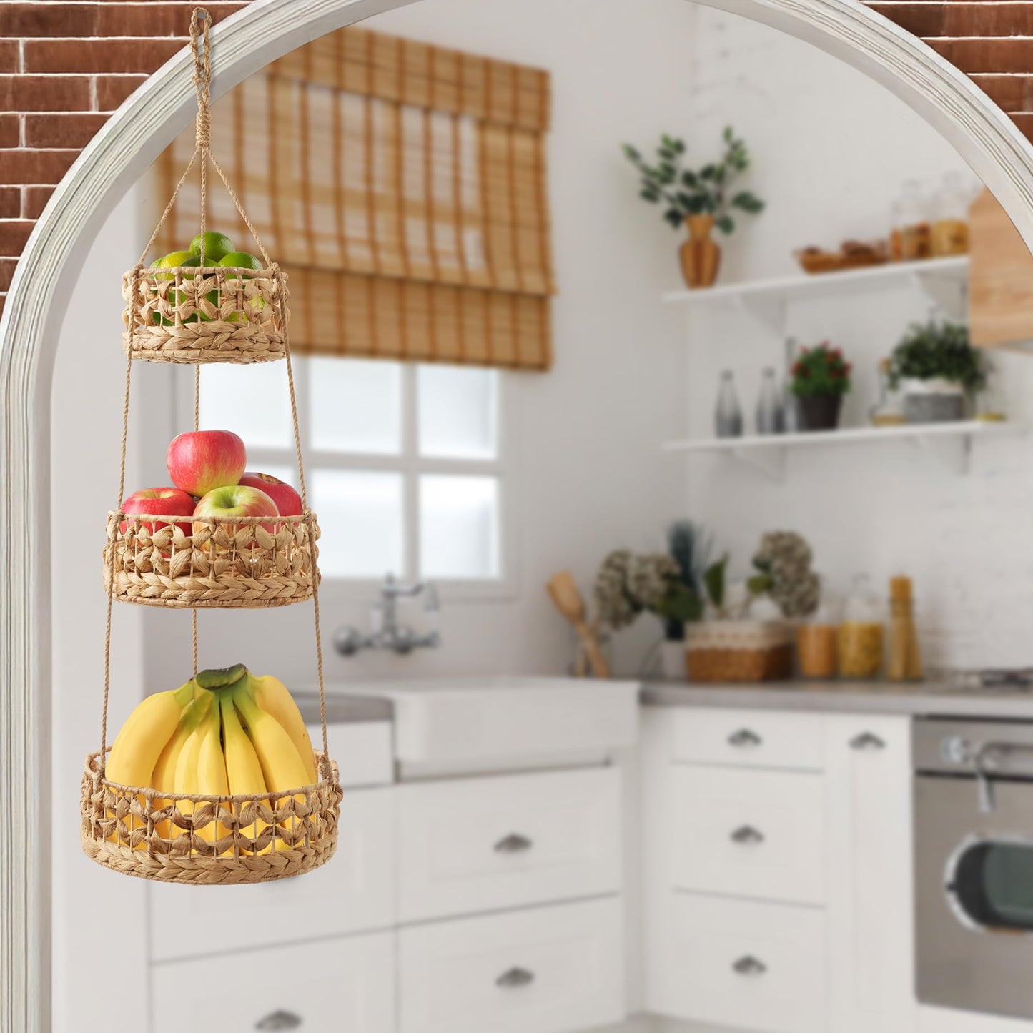 Casafield 3-Tier Hanging Fruit Basket Set, Natural Water Hyacinth Boho Storage Baskets for Vegetables, Herbs, Plants, Kitchen Pantry Storage Organizer
