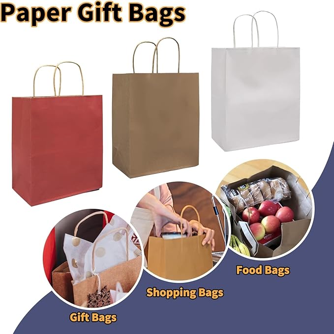 FACEBAG 100-Pack Red Paper Bags with Handles Bulk,8x4.25x10.5 Inch Gift Bags, Red Kraft Paper Bags, Applicable to Retail, Party, Shopping, Festival，Reusable & Durable