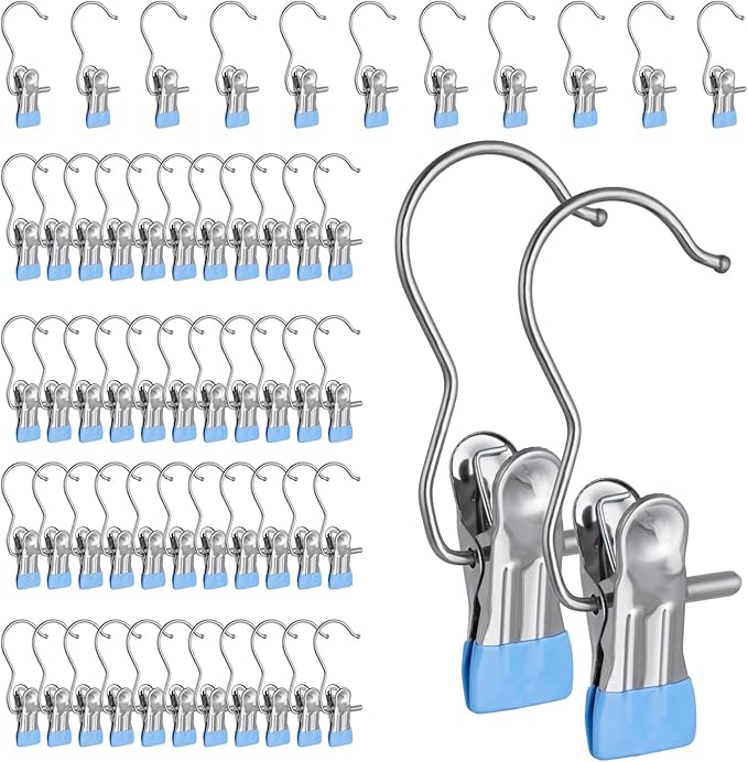 50PCS Space-Saving Clothespin Hat Pants Storage Hanging Travel Hook, Portable 360Â° Rotating Stainless Steel Hanging Hook Clips Towel Clips,Laundry Hooks Hanging Clips with Clips for Home and Travel