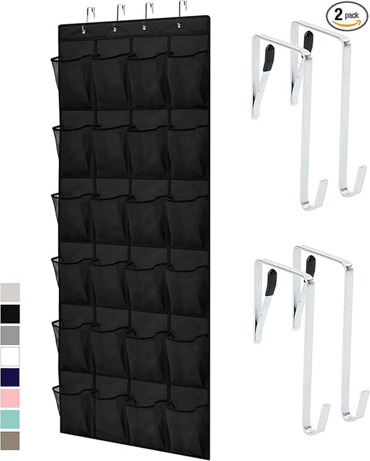 GORILLA GRIP Over the Door Shoe Organizer, 2 Pack, 24 Breathable Mesh Pockets, Space Saving Hanging Storage Holder, Closet Rack Hanger Holds Up to 40 lbs, Hangs on Closets, Shoes, Accessories, Black