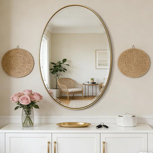 POZINO Brushed Gold Beveled Mirror, 24"x36" Brass Oval Mirrors, Bathroom Mirror for Over Sink, Modern Rounded Vanity Wall Mirrors in Premium Stainless Steel Frame, Hangs Horizontal Or Vertical
