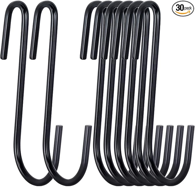ESFUN 30 Pack Heavy Duty S Hooks 4 inch Black S Shaped Hooks Hanging Hangers Pan Pot Holder Rack Hooks for Kitchenware Spoons Pans Pots Utensils Clothes Bags Towels Plants