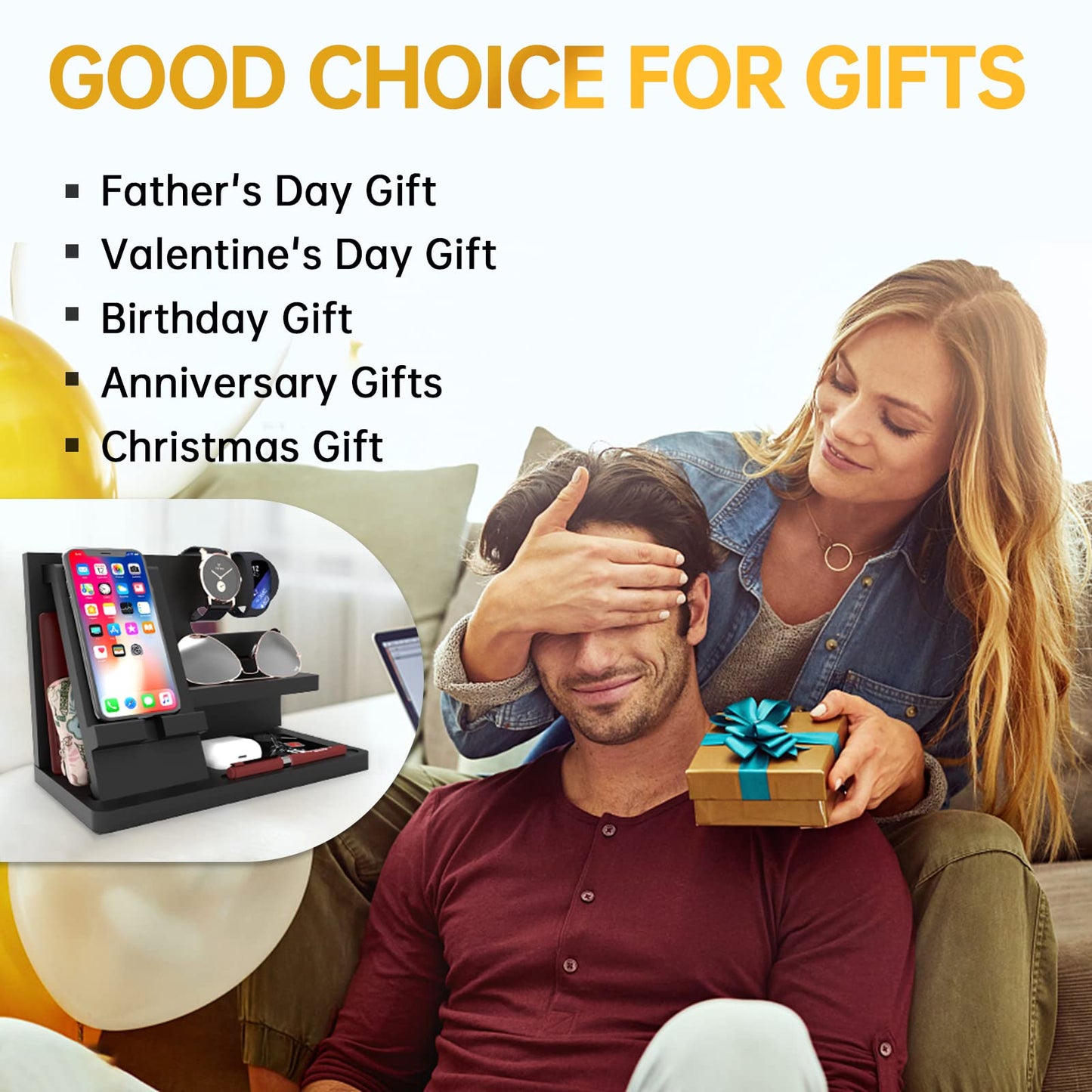 Iswabard Gifts for Men Desk Organizer Wooden Phone Docking Station Key Wallet Holder Watch Organizer Men Birthday Gifts for Dad Birthday Gift Nightstand Organizer
