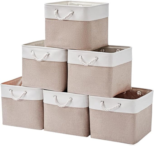 13Ã15Ã13 Inch Storage Cubes,6 Pack Cube Storage Bins for Shelves,Fabric Collapsible Storage Bins with Handles, Foldable Storage Basket for Organizing Clothes,Books (White&Beige,13"x15"x13")