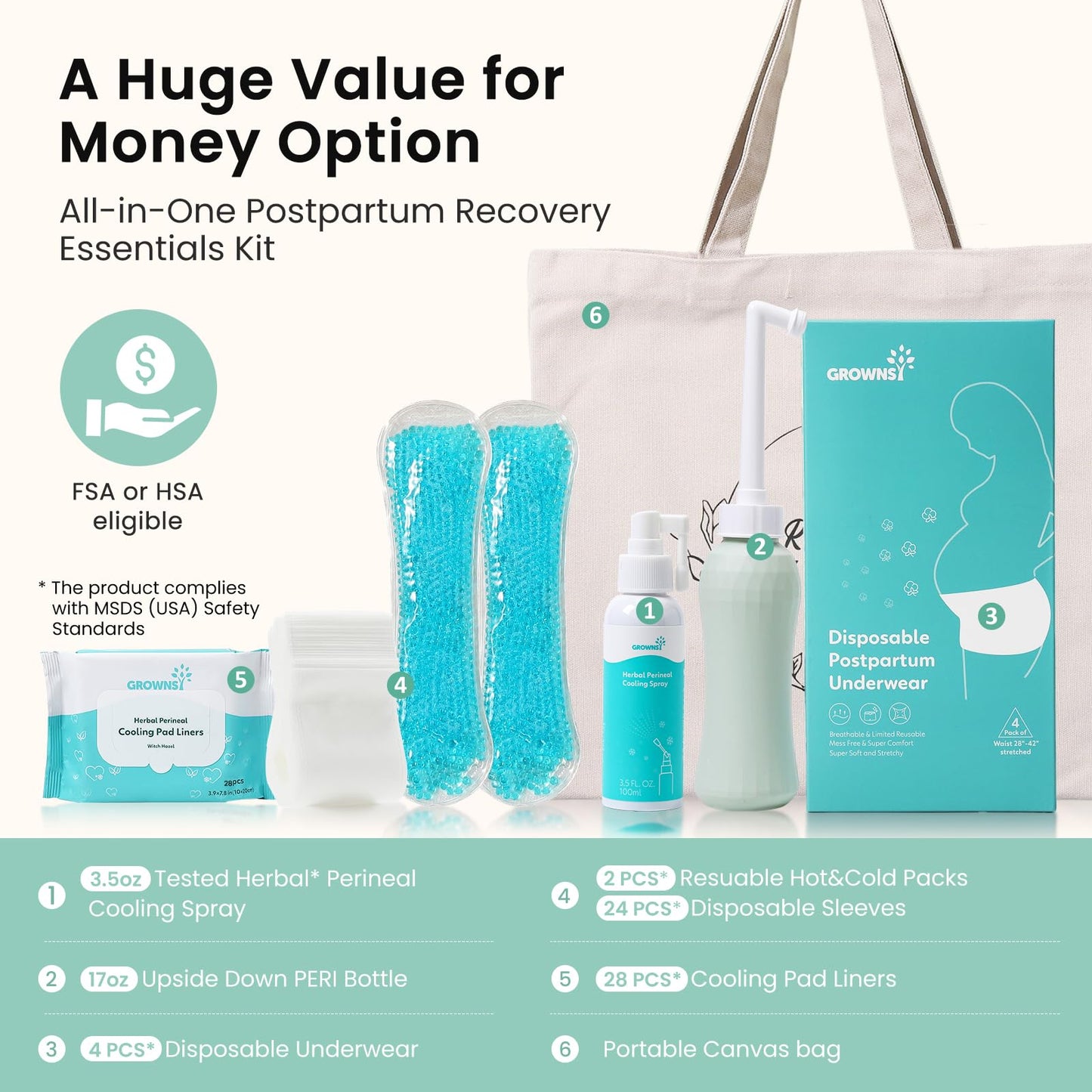Grownsy Postpartum Essentials Recovery Kit for Labor & Delivery | Postpartum Kit for Women | Includes Upside Down Peri Bottle, Perineal Spray, Cooling Pad Liners, Ice Packs & Disposable Underwear