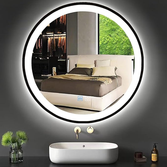 20 Inch Black Bathroom Round LED Mirror with Light, Black Frame, 3 Color AntiFog, 20" Round Lighted Mirror