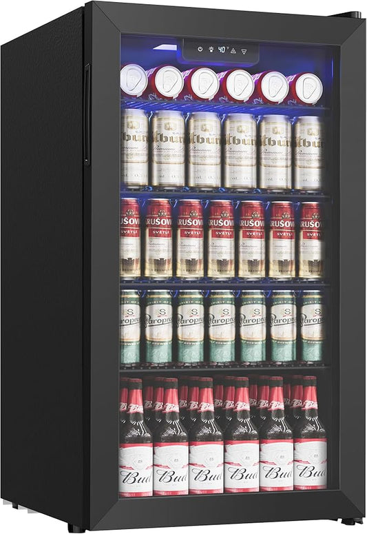 Beverage Refrigerator Cooler, 126 Can Mini Fridge with Glass Door for Wine, Soda Beer, Beverage Cooler for Home, Bar, Office with Adjustable Removable Shelves, Black