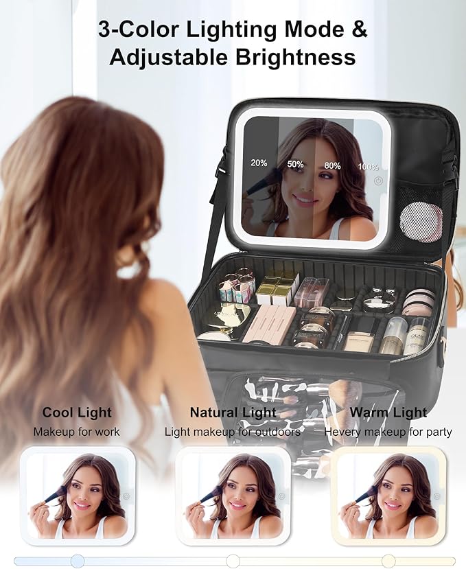 Relavel Makeup Train Case With LED Mirror, Professional Travel Cosmetic Bag with Removable Partitions,Compact Makeup Organizer, Waterproof Toiletry Case for Women, Black