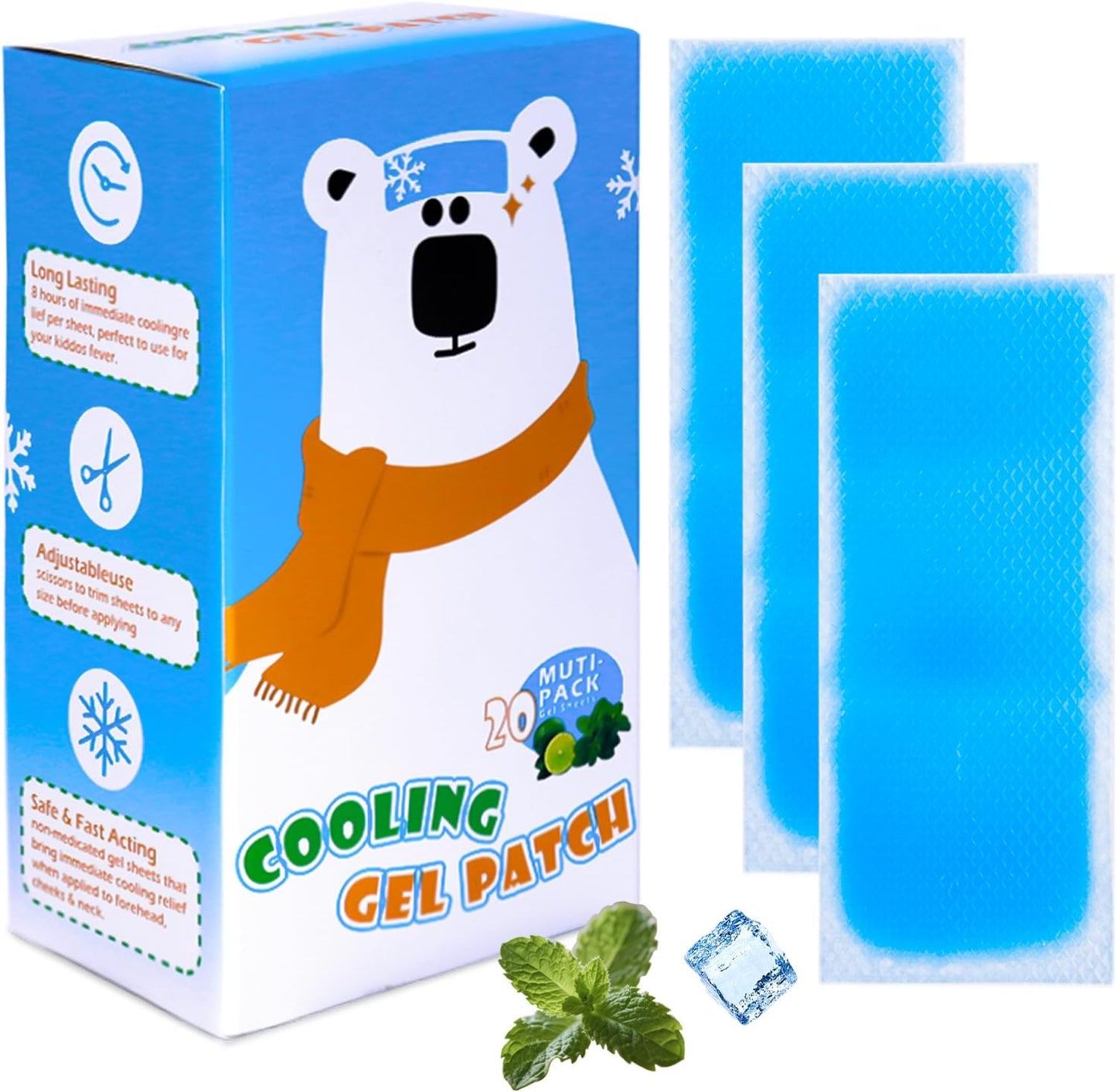 Cooling Patches 20 Count, Forehead Cooling Strips Individually Wrapped, Soft Gel Instant Heat Relief Disposable Patches for Kids & Adults