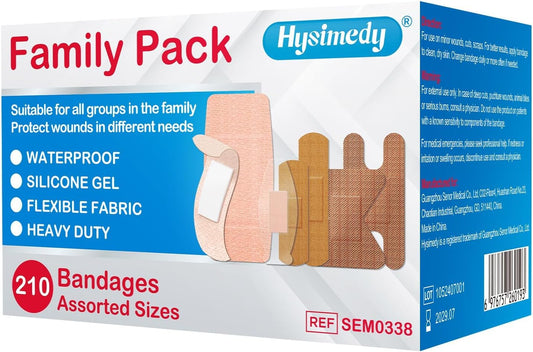 Hysimedy Adhesive Assorted Bandages Variety Pack 210 Counts Flexible Fabric Heavy Duty Waterproof Silicone Hypoallergenic Latex Free for Sensitive Skin Wounds Care Medical First Aid Kit Supplies