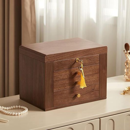 Black Walnut Wooden Jewelry Box, Wood Jewelry Organizer with 2 Side Doors Mirror Lockable Classical Style for Watch Necklace Ring Earring Storage Valentine's Day Gifts-4 Layer