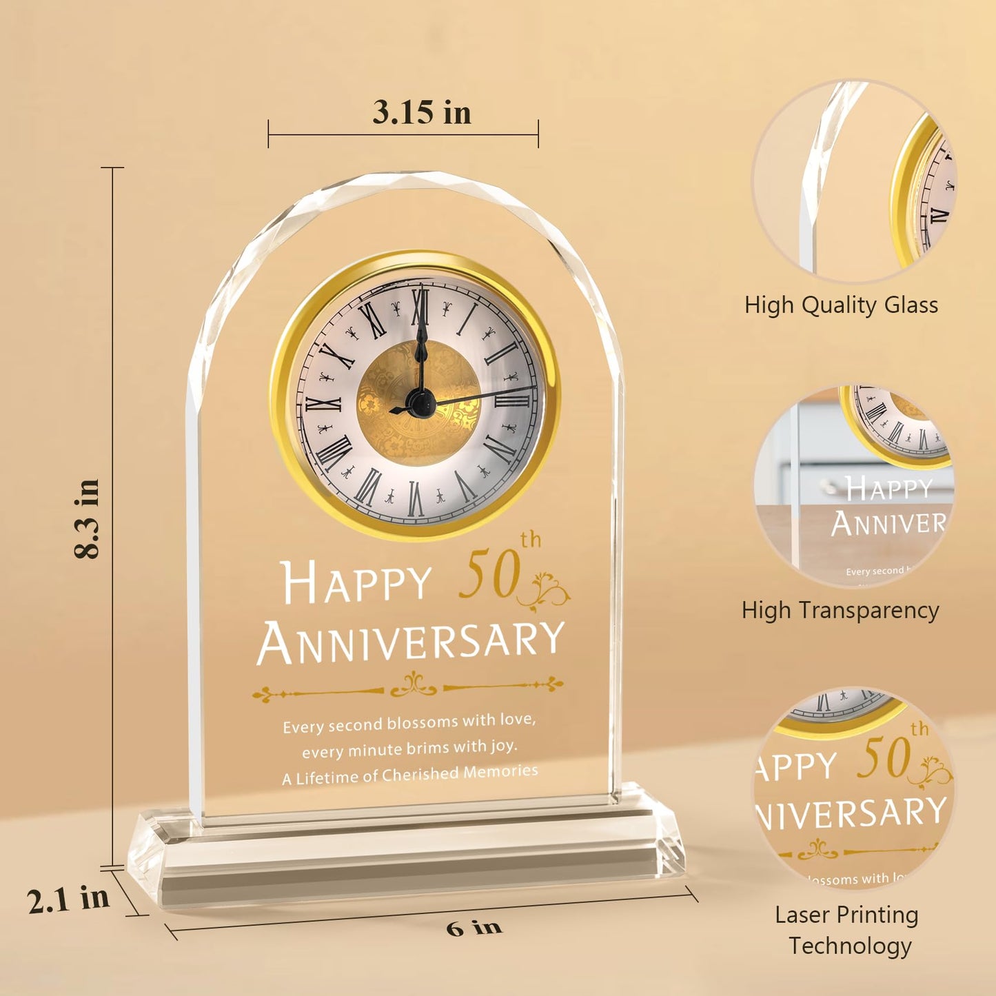 PEEYHONY 50th Wedding Anniversary Crystal Clock Gifts for Couple Parents, 50 Year Anniversary Wedding Gifts Quartz Clock Gifts for Husband Wife, 50th Wedding Anniversary Decorations