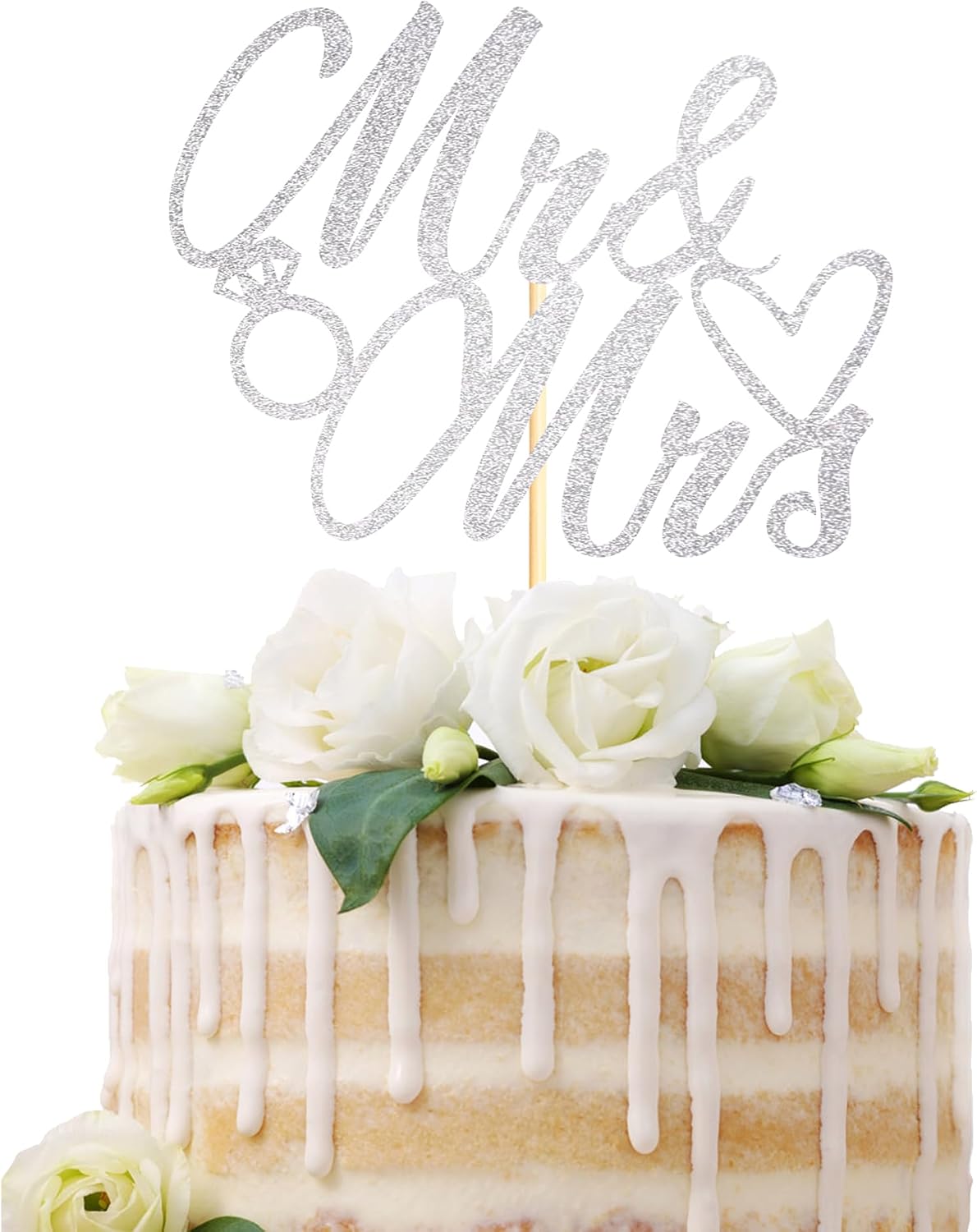 1PC MR & Mrs Cake Topper, Silver Glitter Wedding Cake Decorations for Engagement, Anniversary, Bridal Shower, Romantic Celebration Supplies