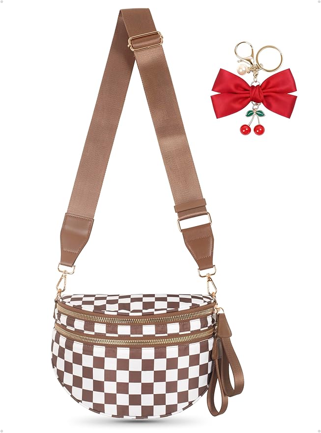 Checkered Crossbody Bags for Women, Spacious Sling & Stylish Bum Bag for Travel, Concerts, Festival, Nylon Fanny Pack Belt Bag (Colour Bum Bag-Brown Checkered)