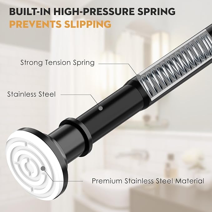 Black Long Curtain Rod Tension Shower Curtain Rods 30 to 120 inch Adjustable Spring Heavy Duty Rods for Bathroom Windows Outdoor No Drill No Slip Spliced and Telescopic Design